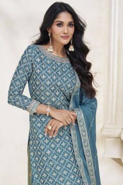 Alternative view of Blue Chinon Long Choli Lehenga Suit
