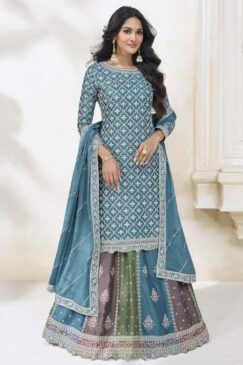 Blue Chinon Long Choli Lehenga Suit