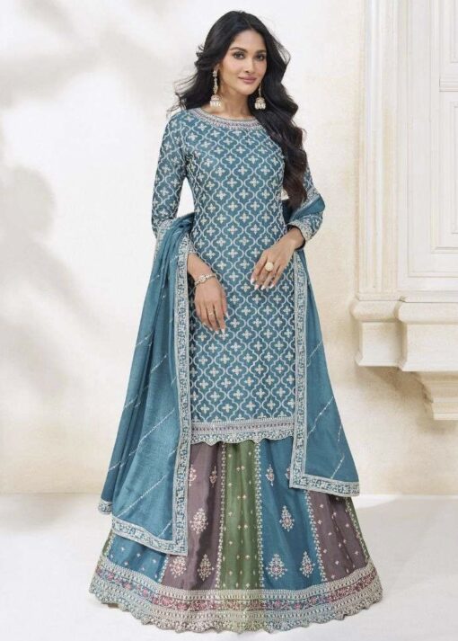 Blue Chinon Long Choli Lehenga Suit