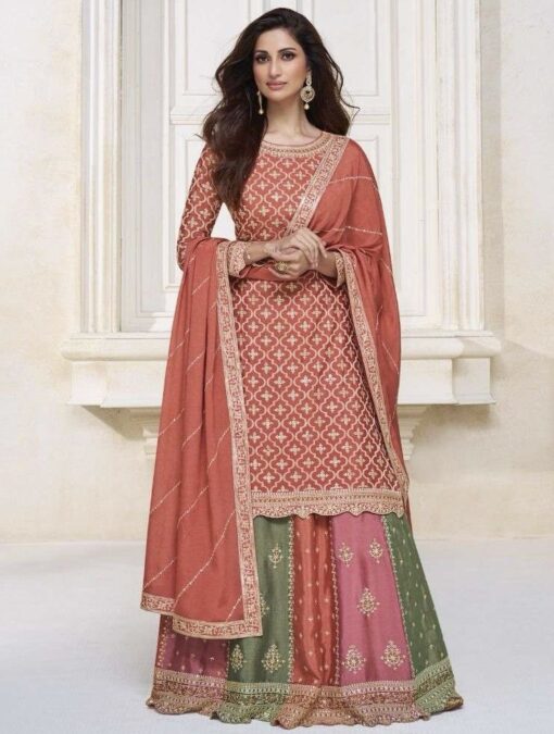 Coral Chinon Long Choli Lehenga Suit