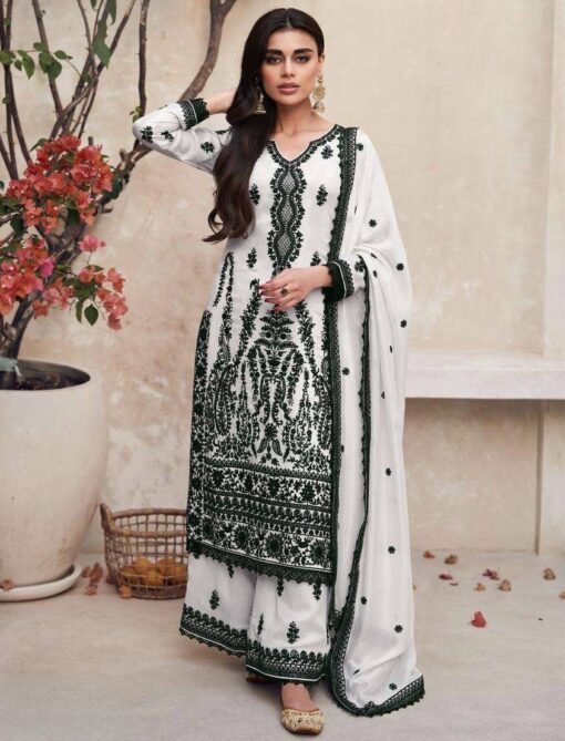 White Embroidered Silk Palazzo Suit