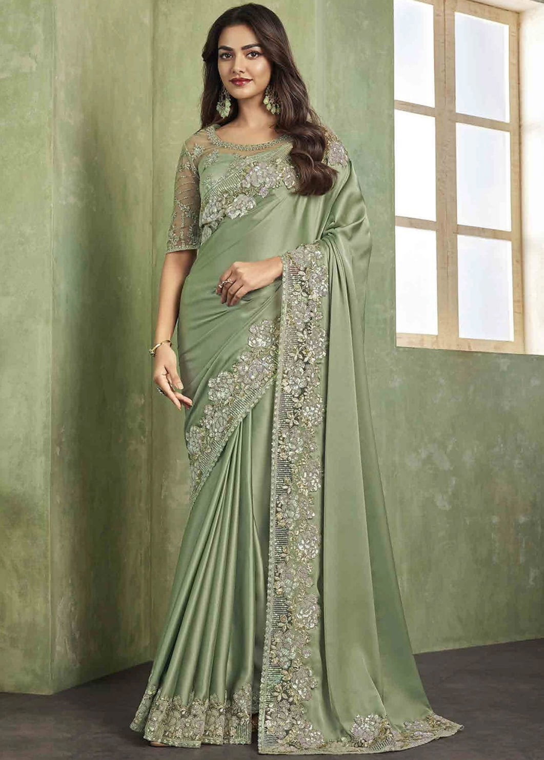 Mint Green Embroidered Border Party Wear Silk Saree