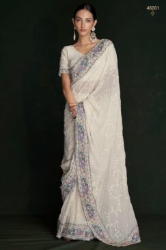White Georgette Lucknowi Embroidered Wedding Saree