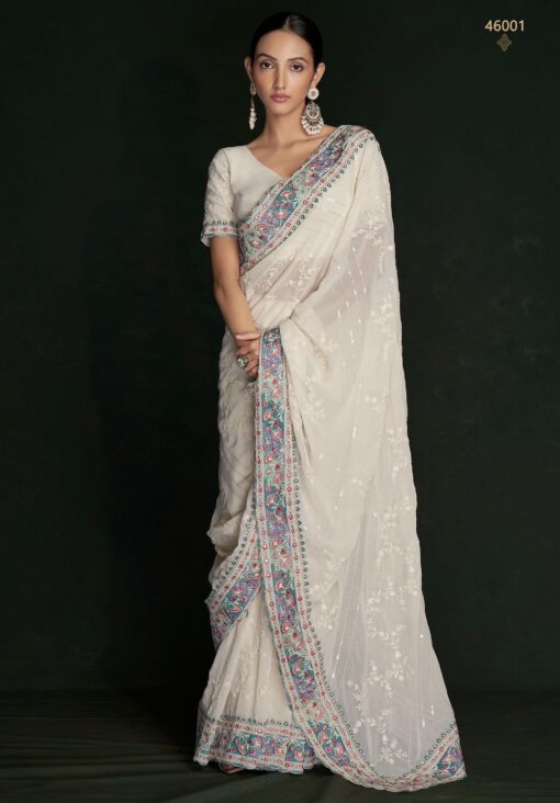 White Georgette Lucknowi Embroidered Wedding Saree