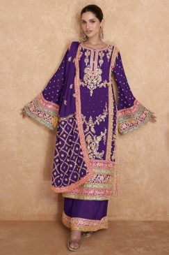 Purple Embroidered Chinon Palazzo Pant Suit