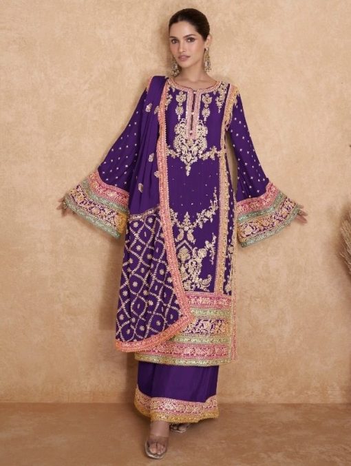 Purple Embroidered Chinon Palazzo Pant Suit