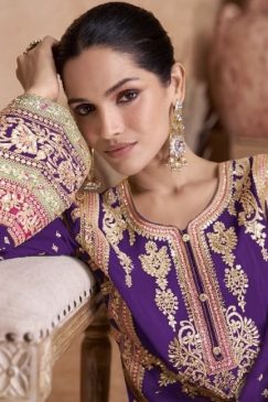 Alternative view of Purple Embroidered Chinon Palazzo Pant Suit