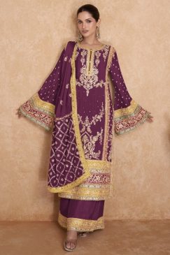 Plum Embroidered Chinon Palazzo Pant Suit