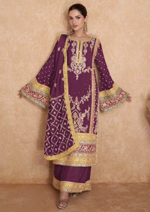 Plum Embroidered Chinon Palazzo Pant Suit