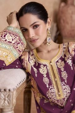 Alternative view of Plum Embroidered Chinon Palazzo Pant Suit
