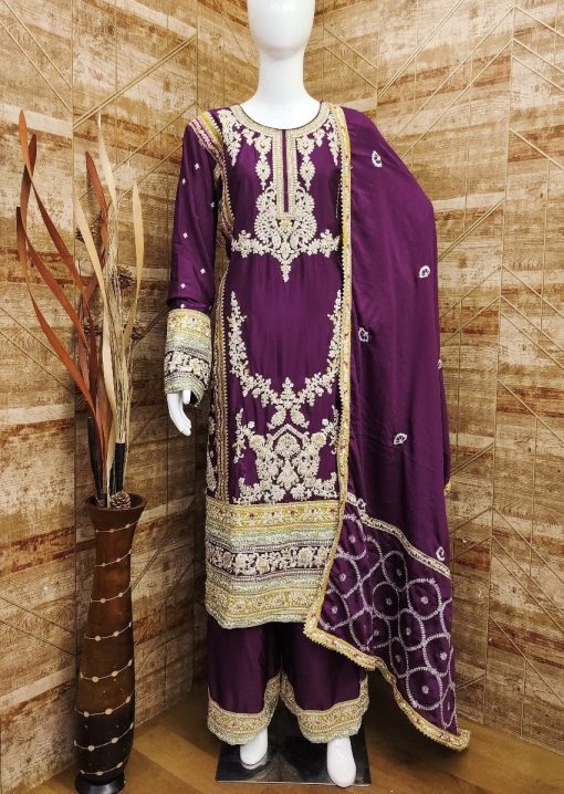 Plum Chinon & Georgette Designer Palazzo Salwar Suit main image 1