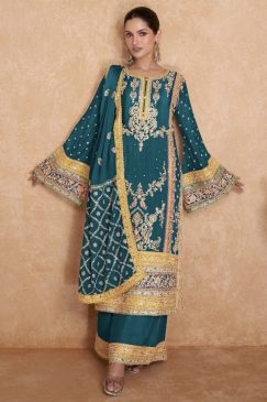 Teal Embroidered Chinon Palazzo Pant Suit