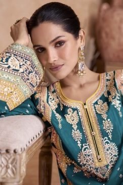 Alternative view of Teal Embroidered Chinon Palazzo Pant Suit