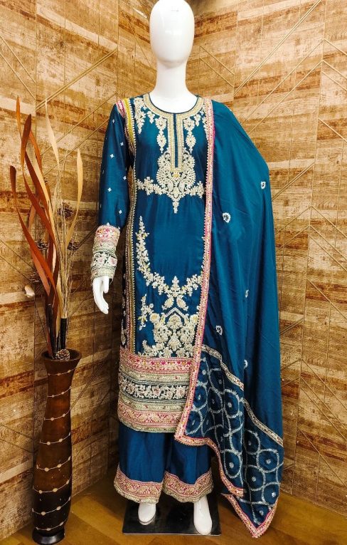 Teal Blue Chinon Trendy Palazzo Salwar Suit