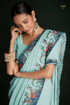 Alternative view of Turquoise Georgette Lucknowi Embroidered Wedding Saree