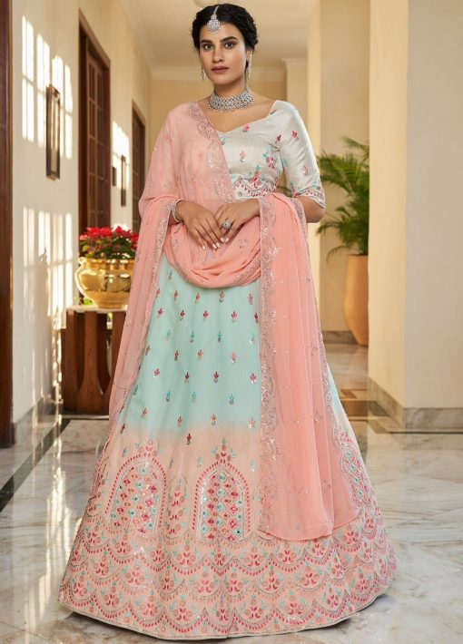 Shaded Blue & Peach Party Wear Lehenga Choli