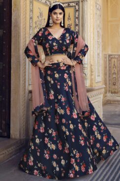 Navy Blue Crush Silk Floral Print Lehenga Choli