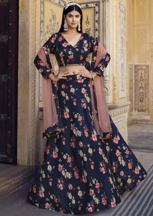 Navy Blue Crush Silk Floral Print Lehenga Choli