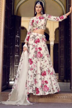 Off White Crush Silk Floral Print Lehenga Choli