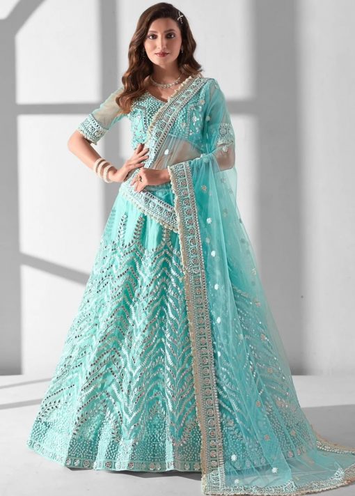 Blue Net Embroidered Party Wear Lehenga Choli