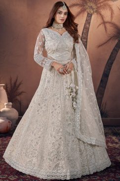 Off White Heavy Embroidered Net Bridal Lehenga Choli