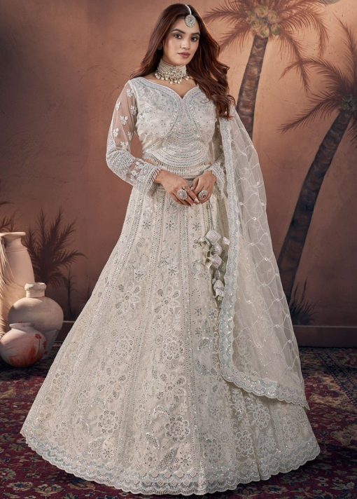 Off White Heavy Embroidered Net Bridal Lehenga Choli