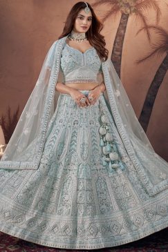 Blue Heavy Embroidered Net Bridal Lehenga Choli