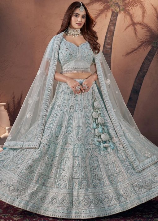 Blue Heavy Embroidered Net Bridal Lehenga Choli