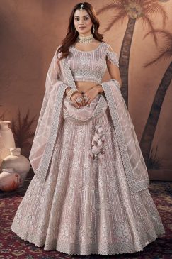 Baby Pink Heavy Embroidered Net Bridal Lehenga Choli