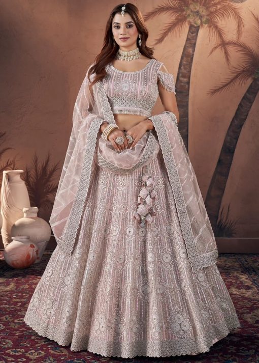 Baby Pink Heavy Embroidered Net Bridal Lehenga Choli