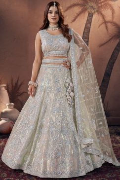 Off White Heavy Embroidered Net Bridal Lehenga Choli