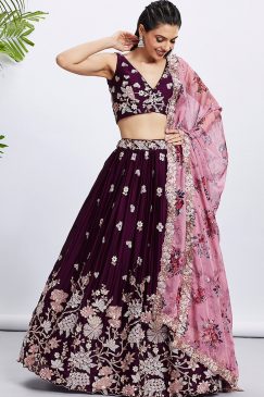 Burgundy Floral Embroidered Bridal Lehenga Choli