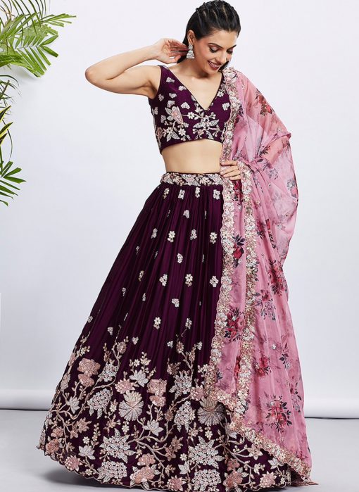 Burgundy Floral Embroidered Bridal Lehenga Choli