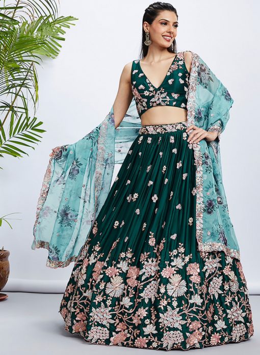Green Floral Embroidered Bridal Lehenga Choli