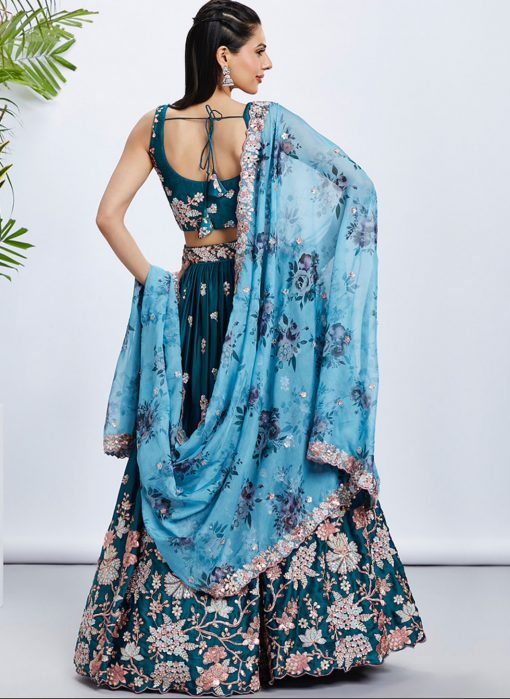 Wedding Festive Style Teal Blue Embroidered Lehenga Choli