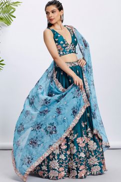 Teal Floral Embroidered Bridal Lehenga Choli