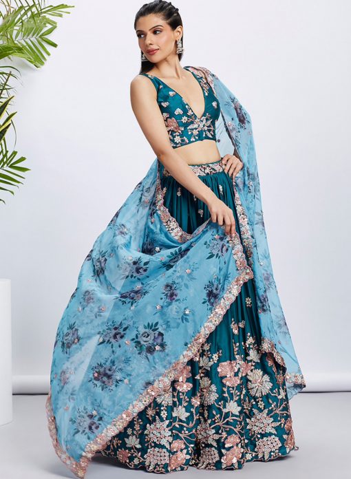 Teal Floral Embroidered Bridal Lehenga Choli