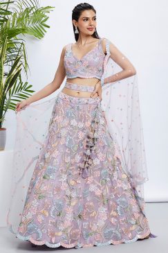 Mauve Net Floral Embroidered Bridal Lehenga Choli