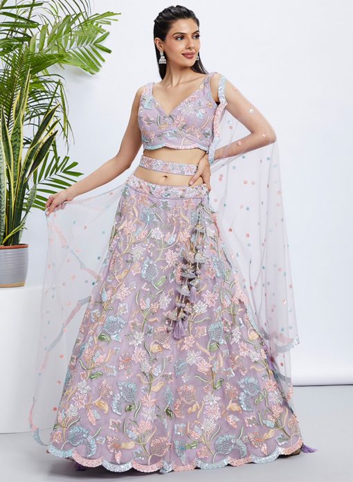 Mauve Net Floral Embroidered Bridal Lehenga Choli