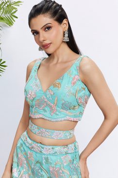 Alternative view of Turquoise Net Floral Embroidered Bridal Lehenga Choli