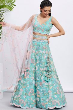 Turquoise Net Floral Embroidered Bridal Lehenga Choli