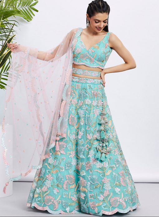 Turquoise Net Floral Embroidered Bridal Lehenga Choli