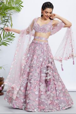 Mauve Organza Floral Embroidered Bridal Lehenga Choli