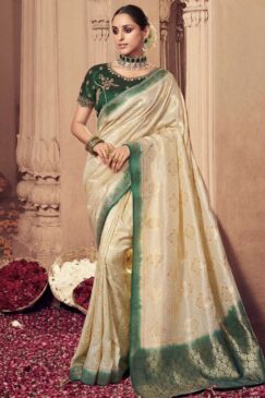 Cream Dola Silk Embroidered Wedding Saree