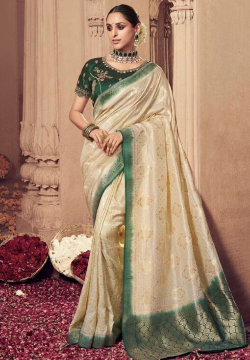 Cream Dola Silk Embroidered Wedding Saree