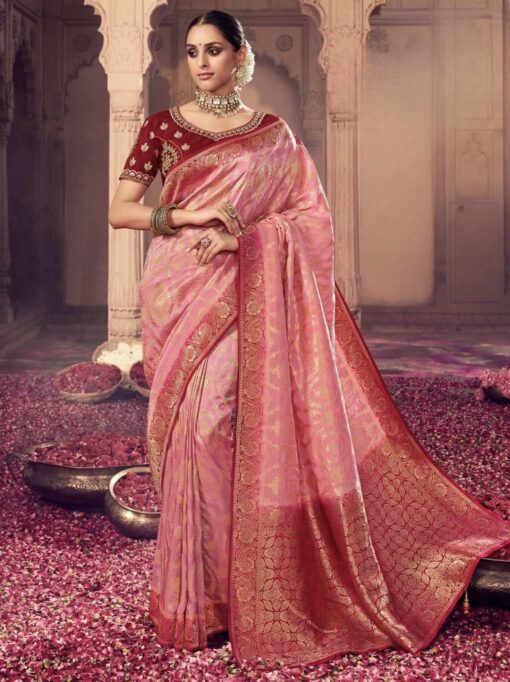 Pink Dola Silk Embroidered Wedding Saree