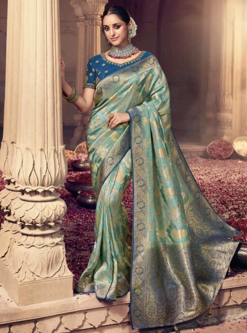Turquoise Dola Silk Embroidered Wedding Saree