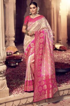 Pink & Beige Dola Silk Embroidered Wedding Saree