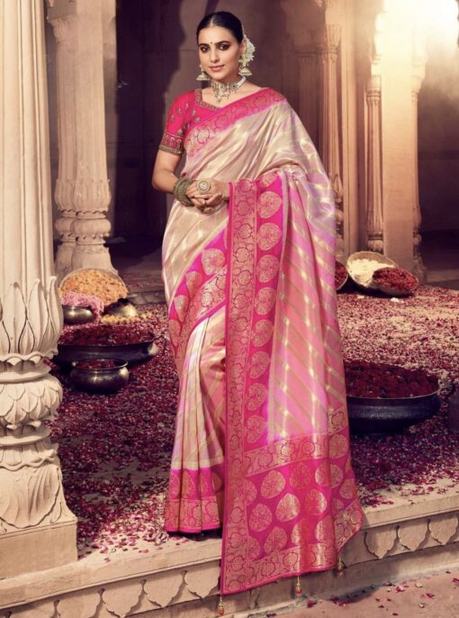 Pink & Beige Dola Silk Embroidered Wedding Saree