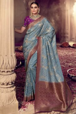 Blue Dola Silk Embroidered Wedding Saree